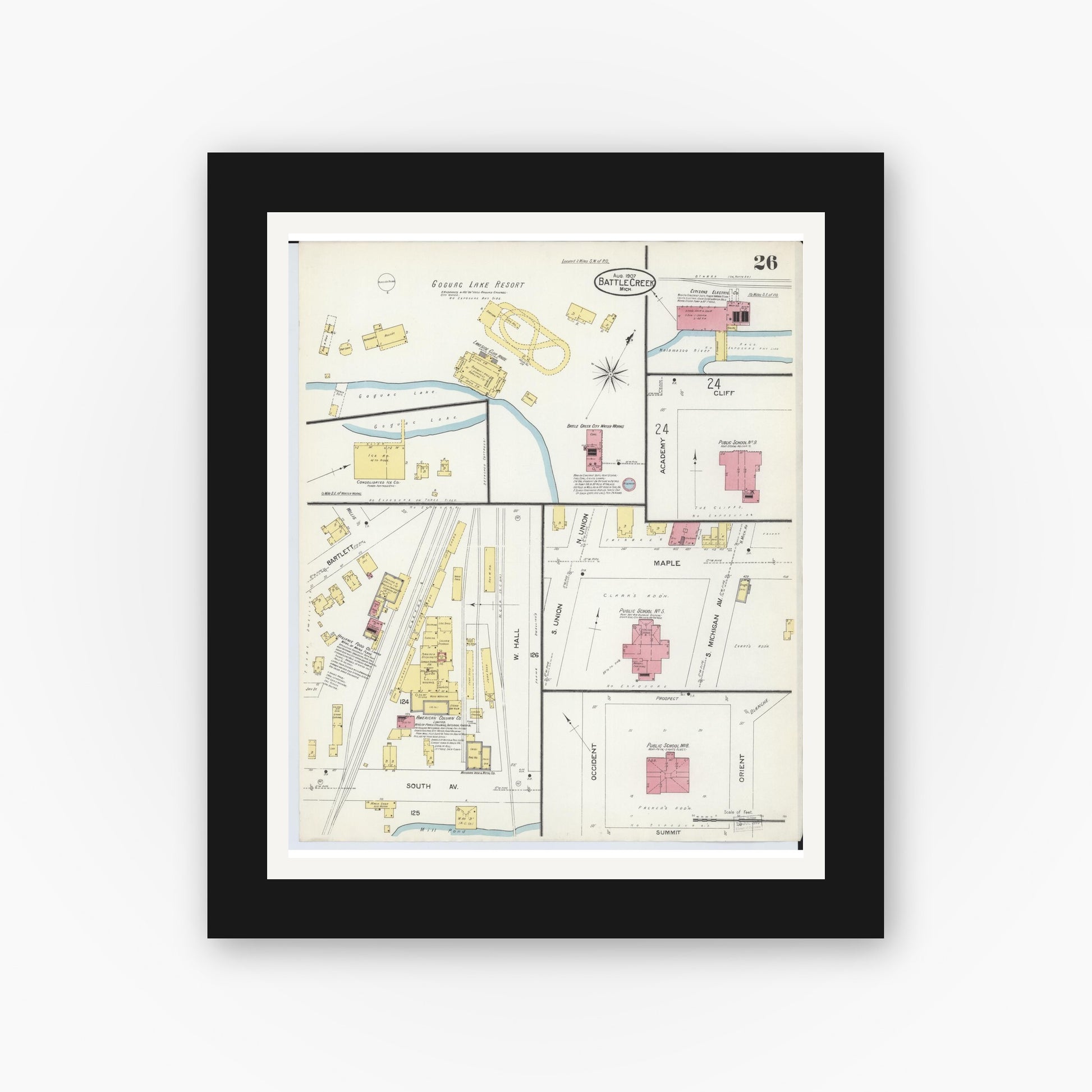 Old map wall art mockup — black gallery frame with white mat — Sanborn Fire Insurance Map from Battle Creek, Calhoun County, Michigan (1907), Sheet #0026