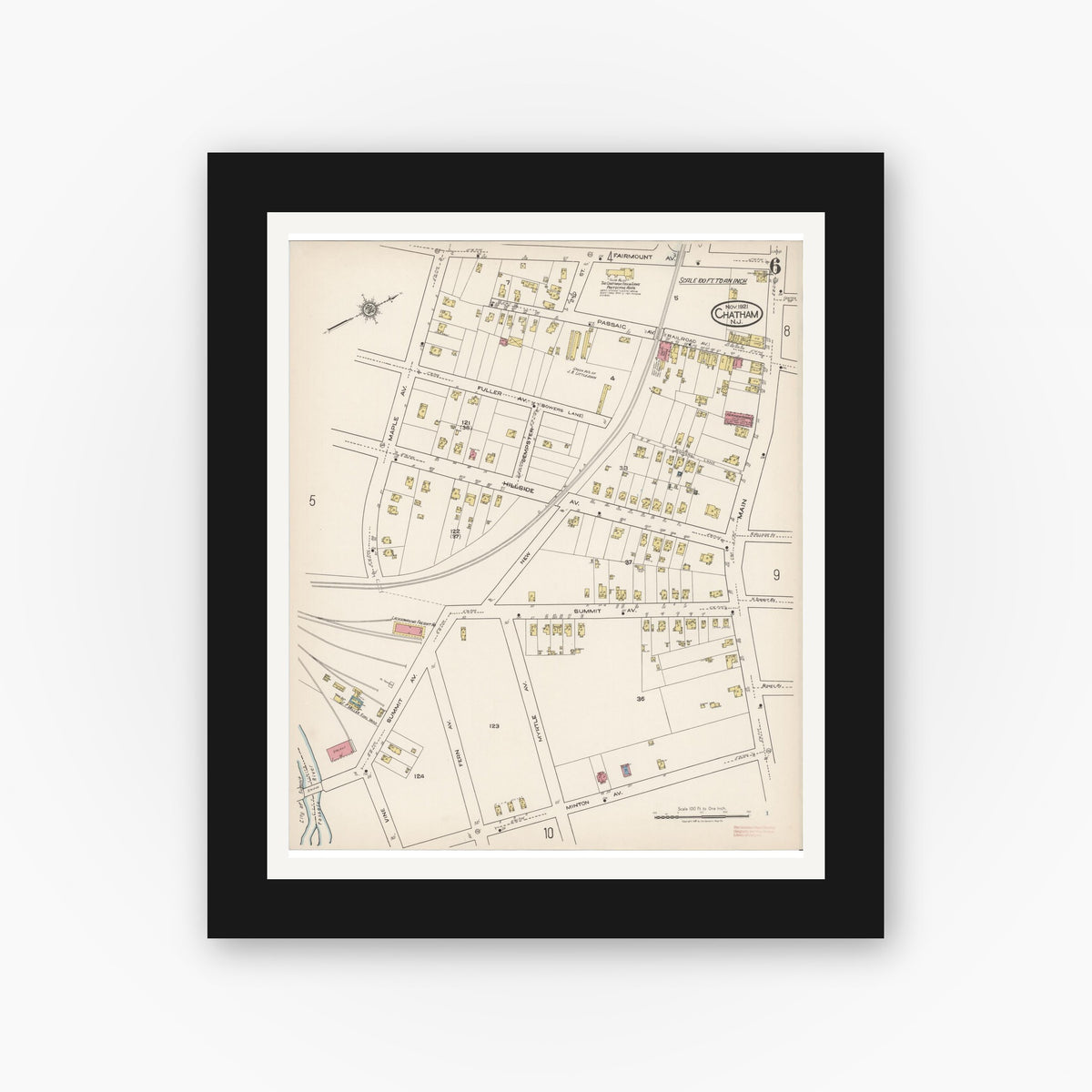 Old map wall art mockup — black gallery frame with white mat — Sanborn Fire Insurance Map from Chatham, Morris County, New Jersey (1921), Sheet #0006