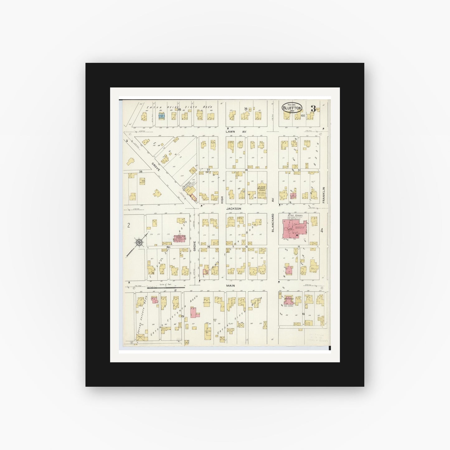 Old map wall art mockup — black gallery frame with white mat — Sanborn Fire Insurance Map from Bluffton, Allen County, Ohio (1916), Sheet #0003