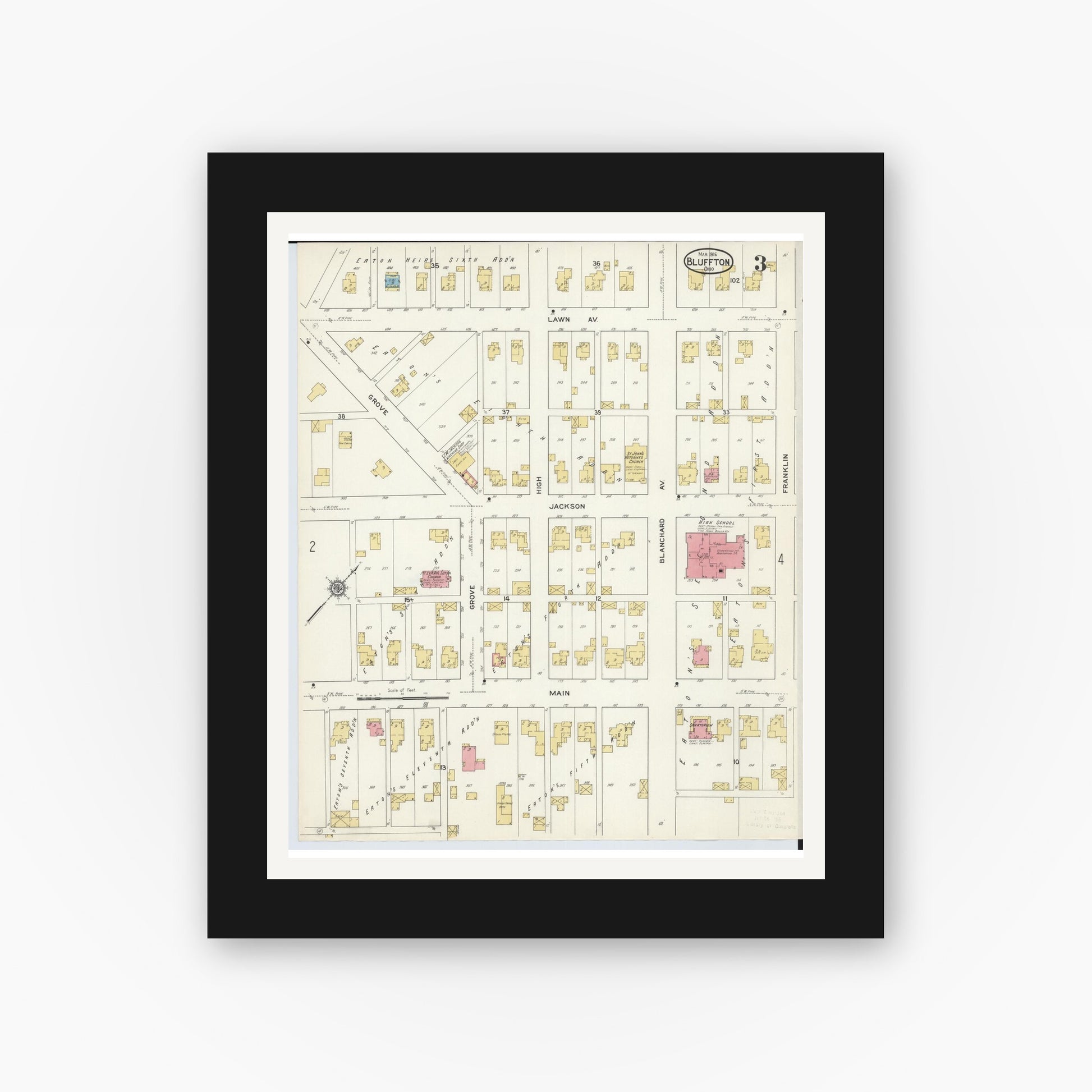Old map wall art mockup — black gallery frame with white mat — Sanborn Fire Insurance Map from Bluffton, Allen County, Ohio (1916), Sheet #0003
