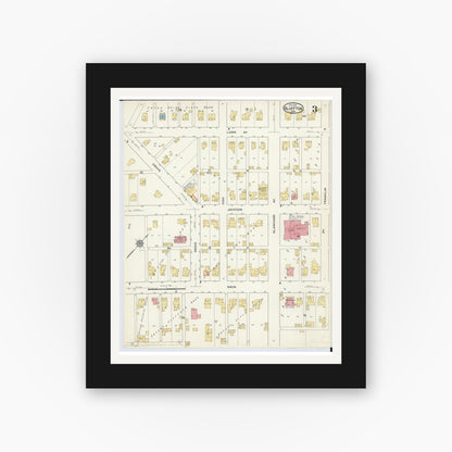 Old map wall art mockup — black gallery frame with white mat — Sanborn Fire Insurance Map from Bluffton, Allen County, Ohio (1916), Sheet #0003
