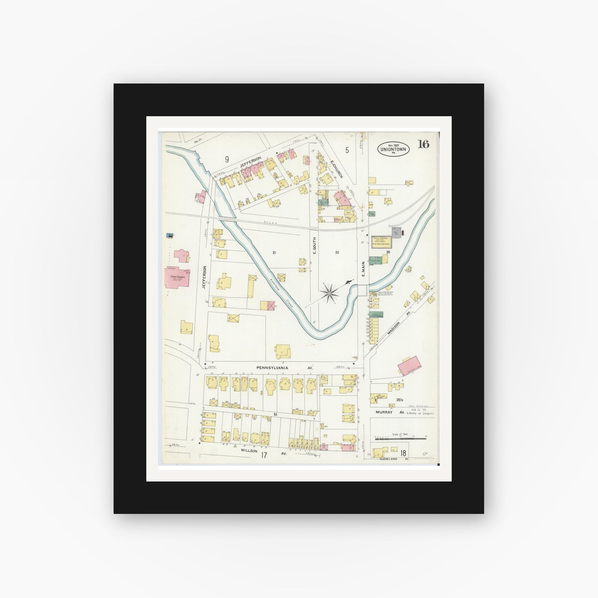 Old map wall art mockup — black gallery frame with white mat — Sanborn Fire Insurance Map from Uniontown, Fayette County, Pennsylvania (1907), Sheet #0016