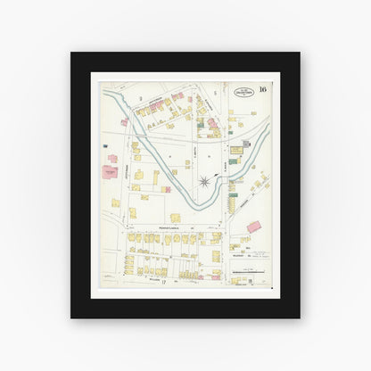 Old map wall art mockup — black gallery frame with white mat — Sanborn Fire Insurance Map from Uniontown, Fayette County, Pennsylvania (1907), Sheet #0016