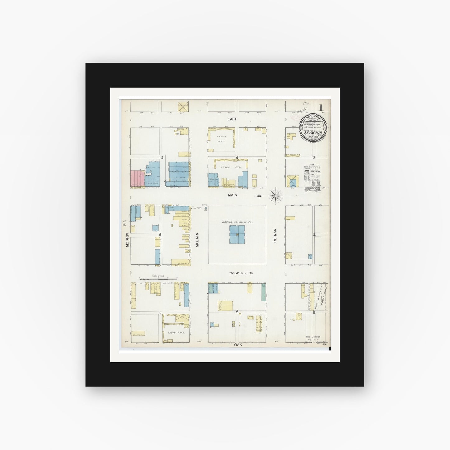 Old map wall art mockup — black gallery frame with white mat — Sanborn Fire Insurance Map from Seymour, Baylor County, Texas (1892) - Complete Map Set