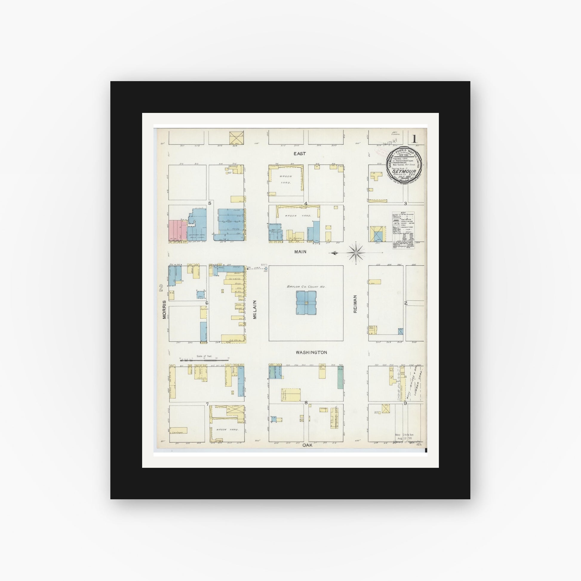 Old map wall art mockup — black gallery frame with white mat — Sanborn Fire Insurance Map from Seymour, Baylor County, Texas (1892) - Complete Map Set