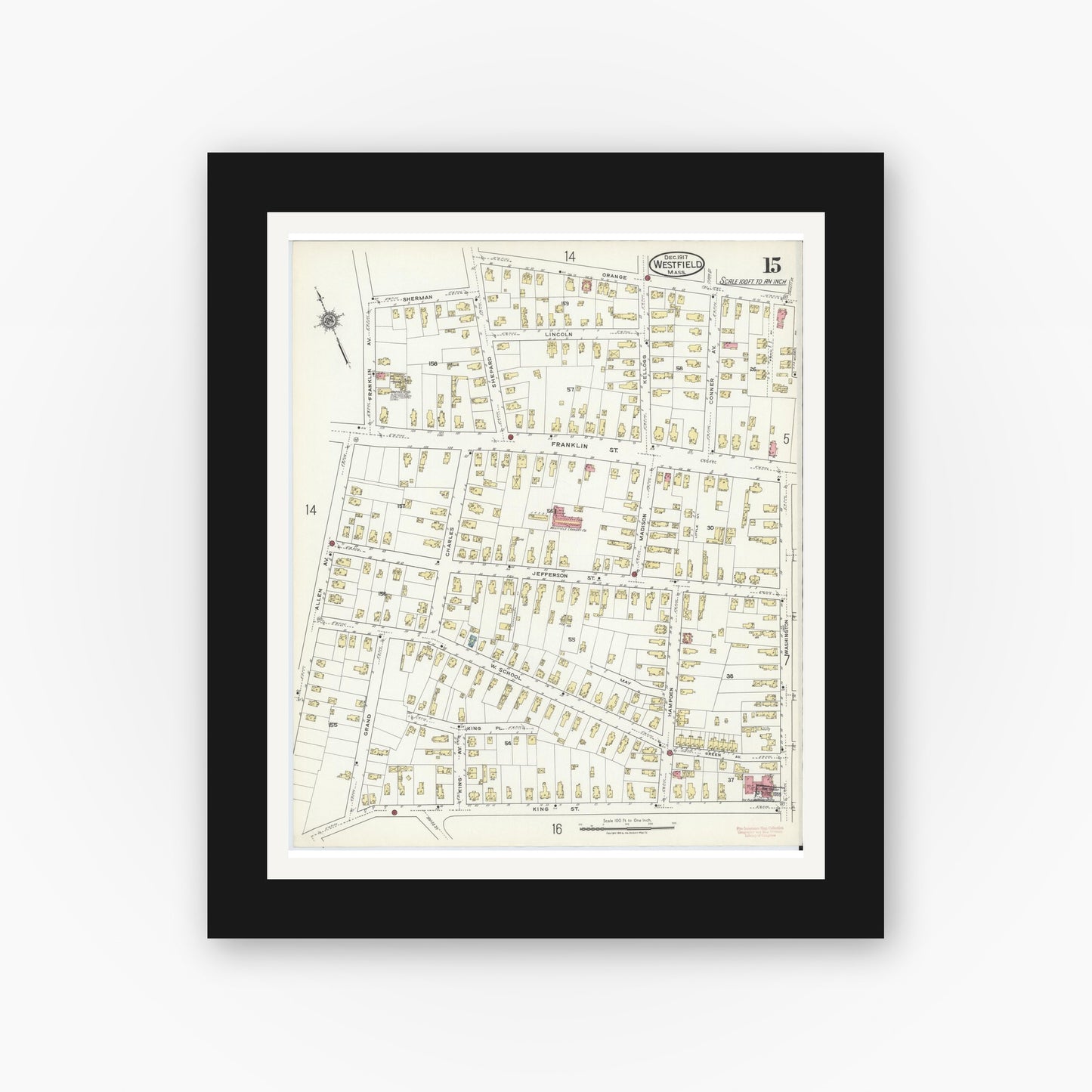 Old map wall art mockup — black gallery frame with white mat — Sanborn Fire Insurance Map from Westfield, Hampden County, Massachusetts (1917), Sheet #0015