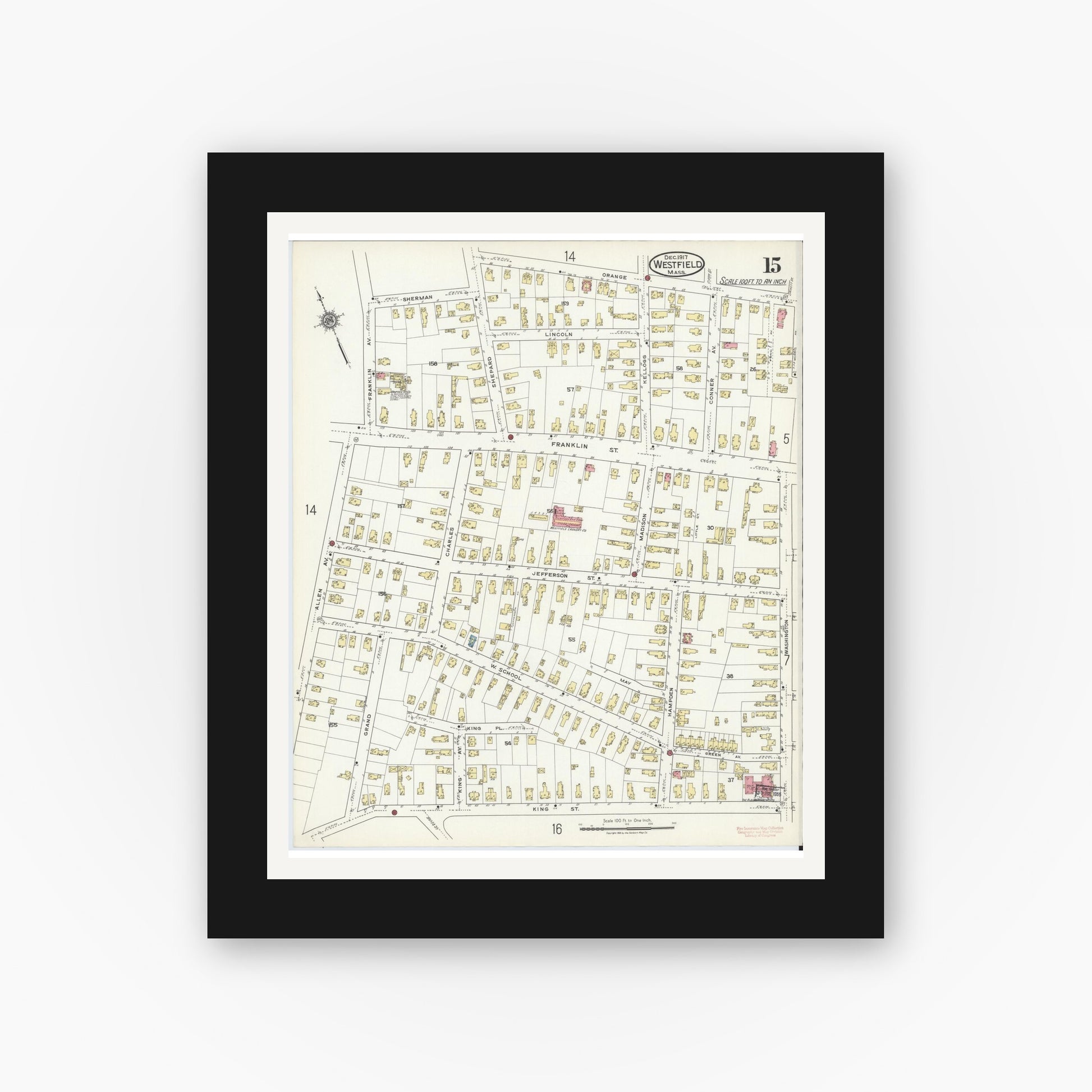 Old map wall art mockup — black gallery frame with white mat — Sanborn Fire Insurance Map from Westfield, Hampden County, Massachusetts (1917), Sheet #0015
