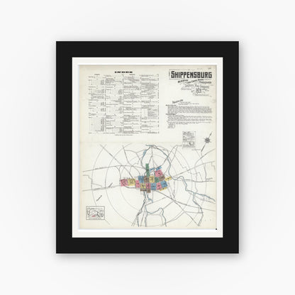 Old map wall art mockup — black gallery frame with white mat — Sanborn Fire Insurance Map from Shippensburg, Cumberland And Franklin Counties, Pennsylvania (1921) - Complete Map Set