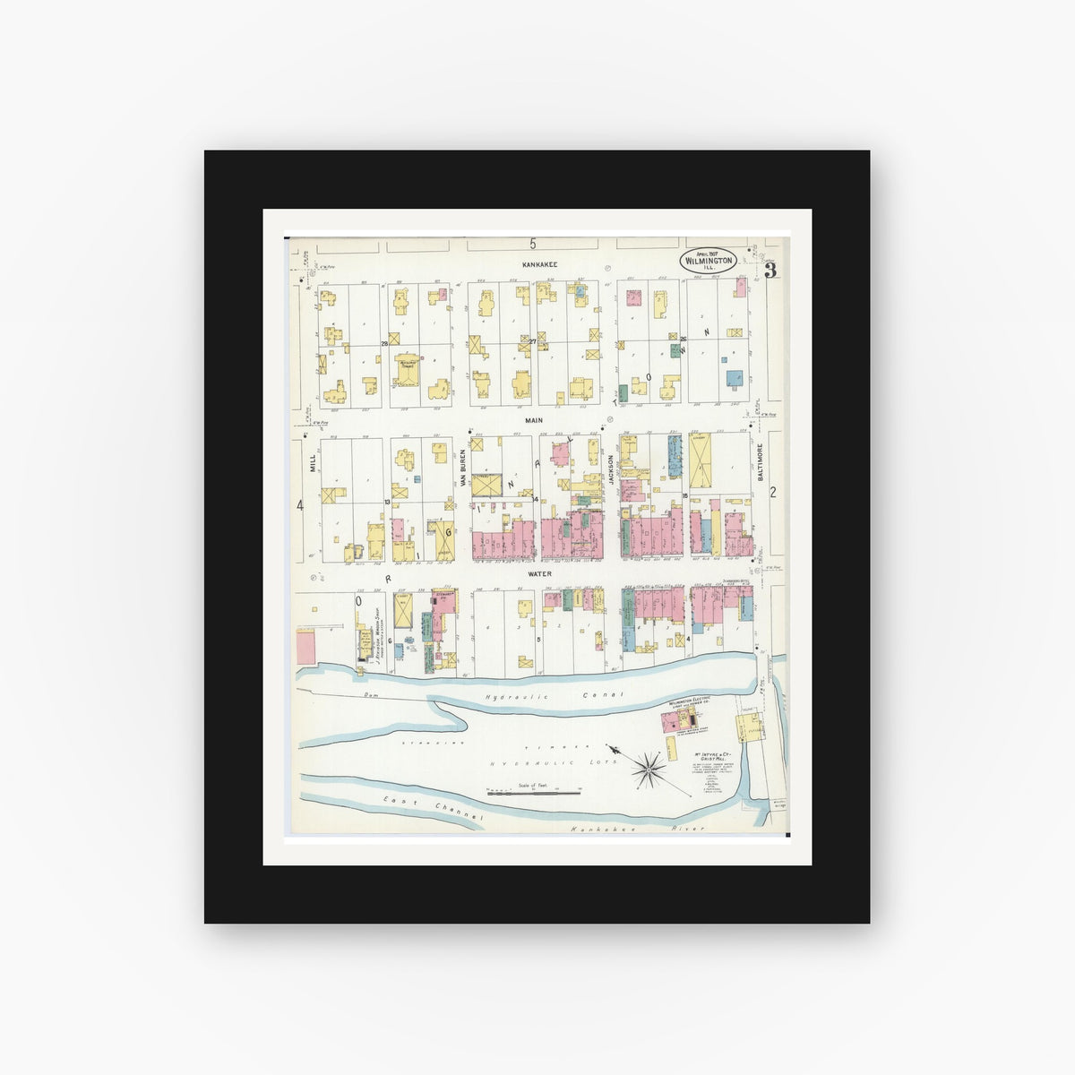 Old map wall art mockup — black gallery frame with white mat — Sanborn Fire Insurance Map from Wilmington, Will County, Illinois (1907), Sheet #0003
