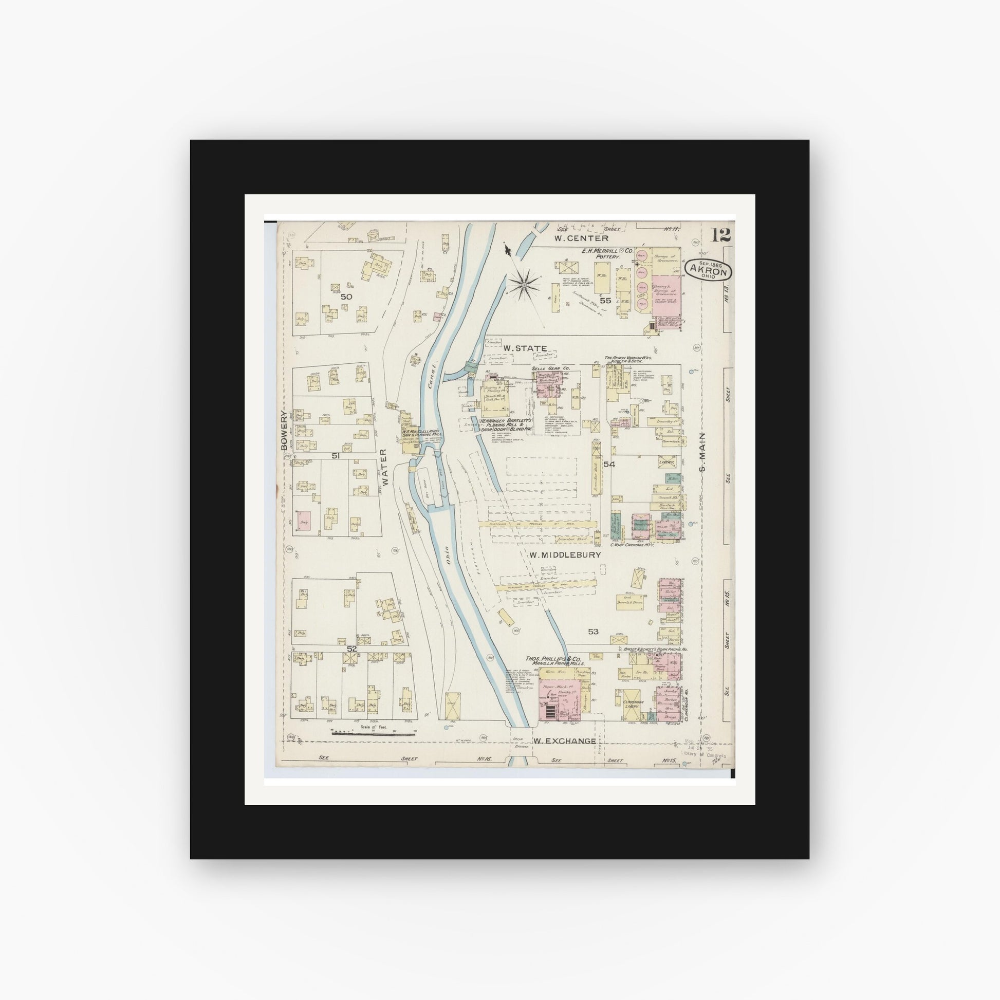 Old map wall art mockup — black gallery frame with white mat — Sanborn Fire Insurance Map from Akron, Summit County, Ohio (1886), Sheet #0012