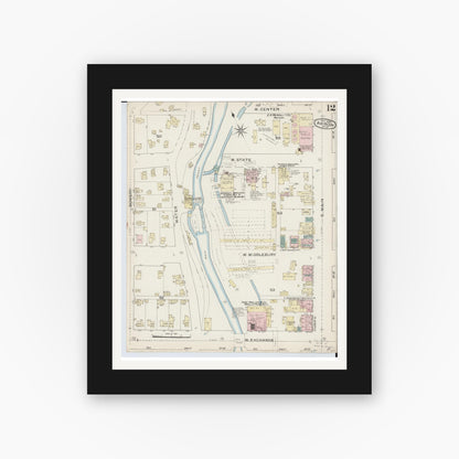 Old map wall art mockup — black gallery frame with white mat — Sanborn Fire Insurance Map from Akron, Summit County, Ohio (1886), Sheet #0012