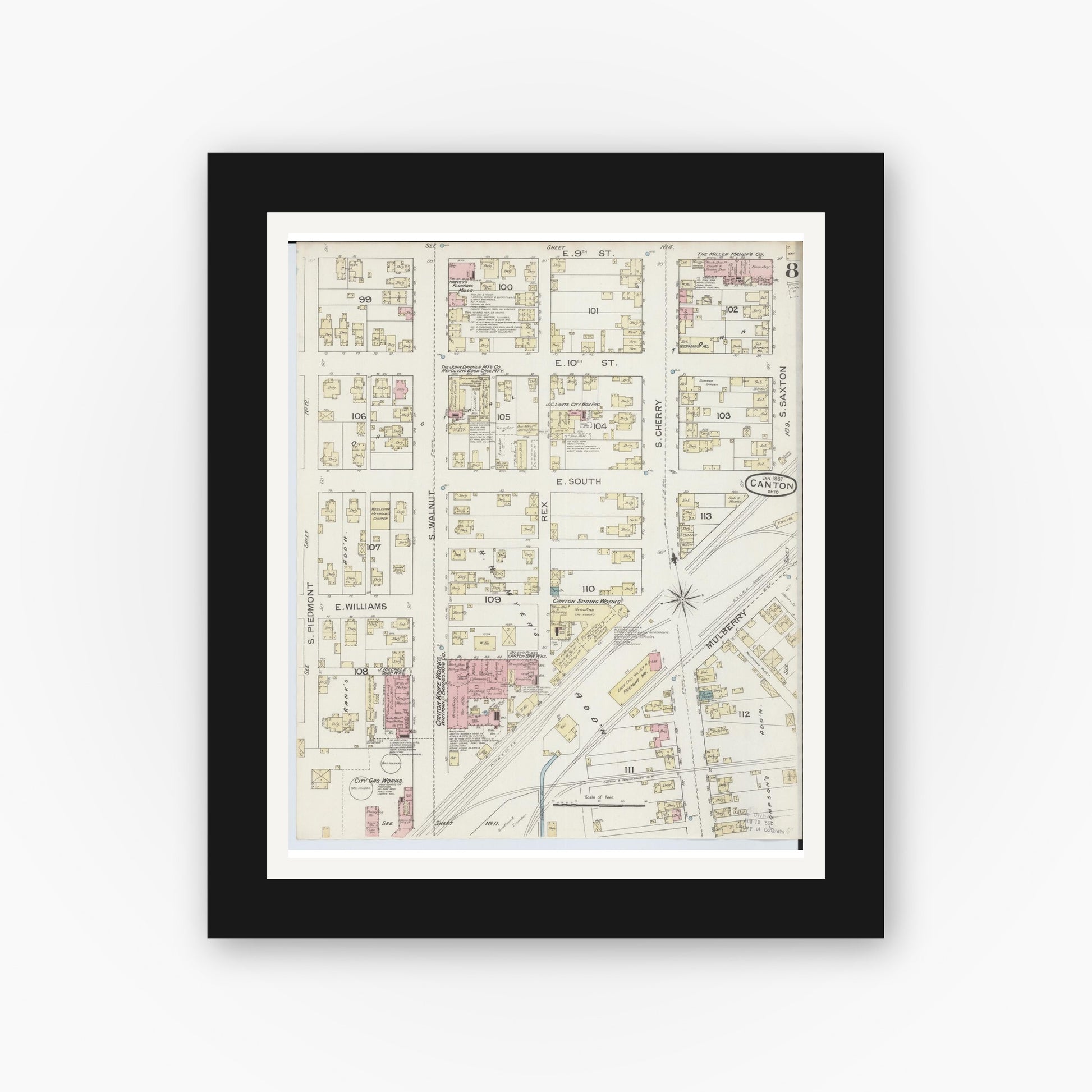 Old map wall art mockup — black gallery frame with white mat — Sanborn Fire Insurance Map from Canton, Stark County, Ohio (1887), Sheet #0008