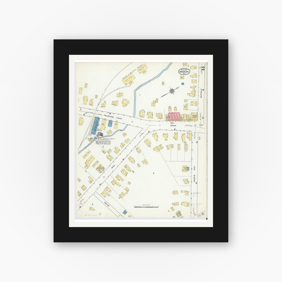 Old map wall art mockup — black gallery frame with white mat — Sanborn Fire Insurance Map from Marion, Wayne County, New York (1915), Sheet #0002