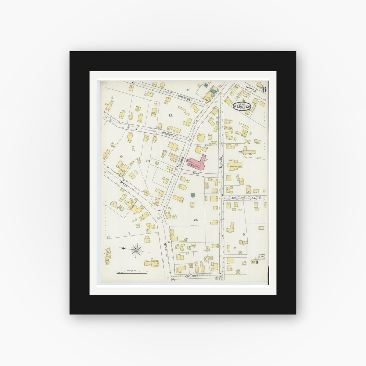 Old map wall art mockup — black gallery frame with white mat — Sanborn Fire Insurance Map from Webster, Worcester County, Massachusetts (1893), Sheet #0006