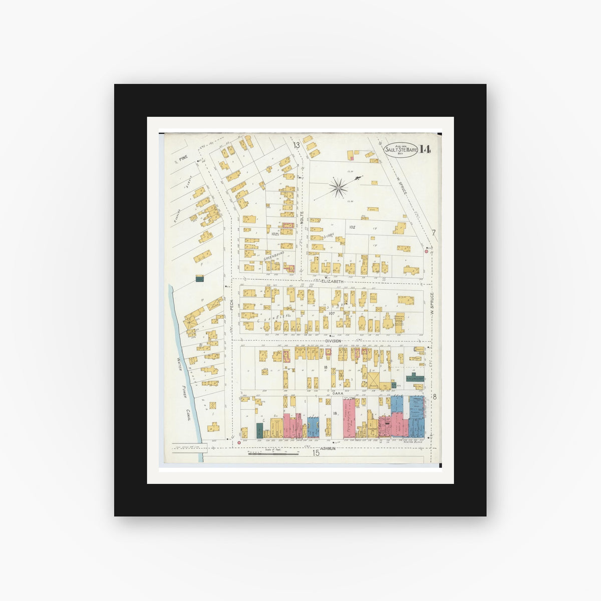 Old map wall art mockup — black gallery frame with white mat — Sanborn Fire Insurance Map from Sault Sainte Marie, Chippewa County, Michigan (1906), Sheet #0014