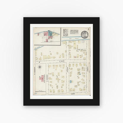 Old map wall art mockup — black gallery frame with white mat — Sanborn Fire Insurance Map from Albion, Orleans County, New York (1884) - Complete Map Set