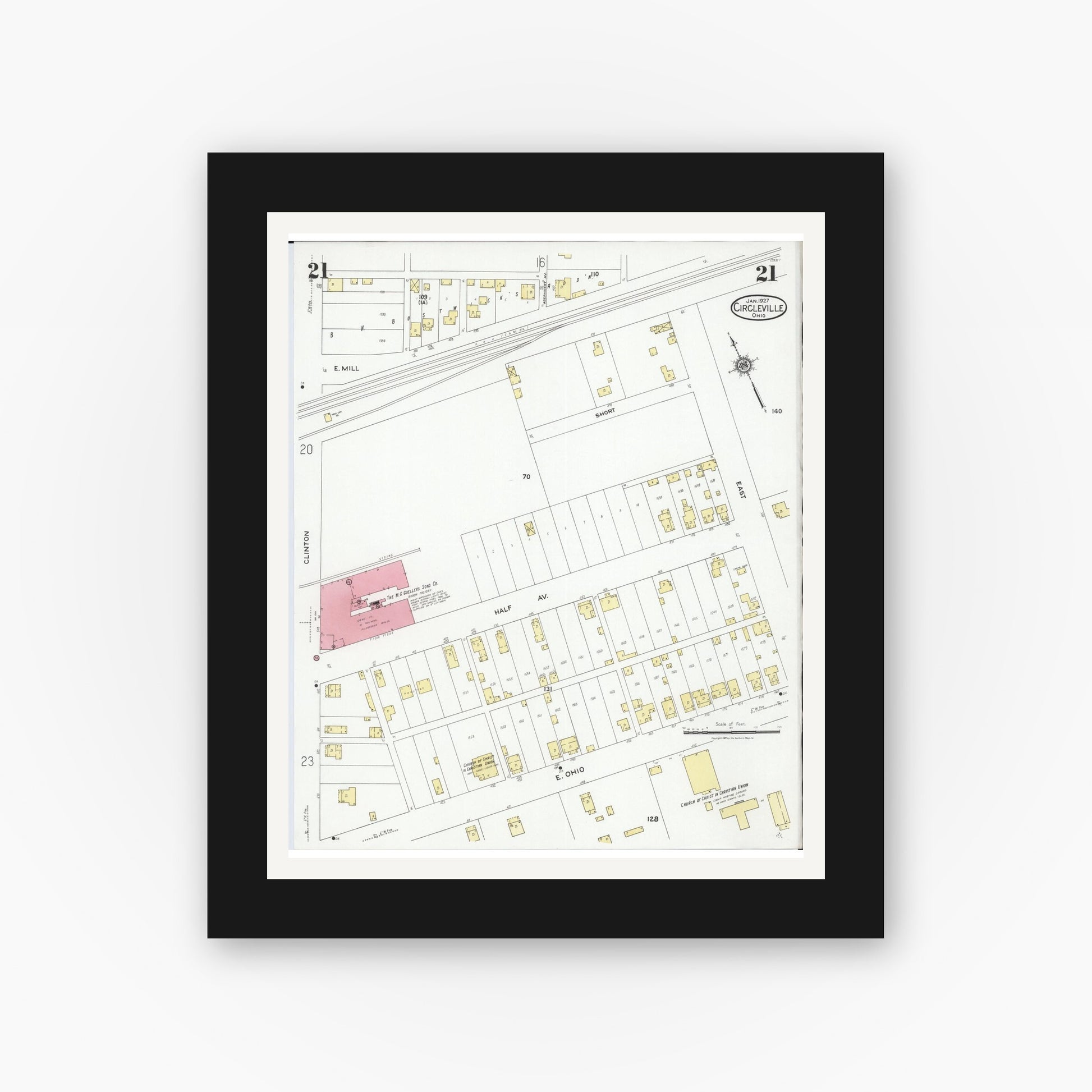 Old map wall art mockup — black gallery frame with white mat — Sanborn Fire Insurance Map from Circleville, Pickaway County, Ohio (1927), Sheet #0021