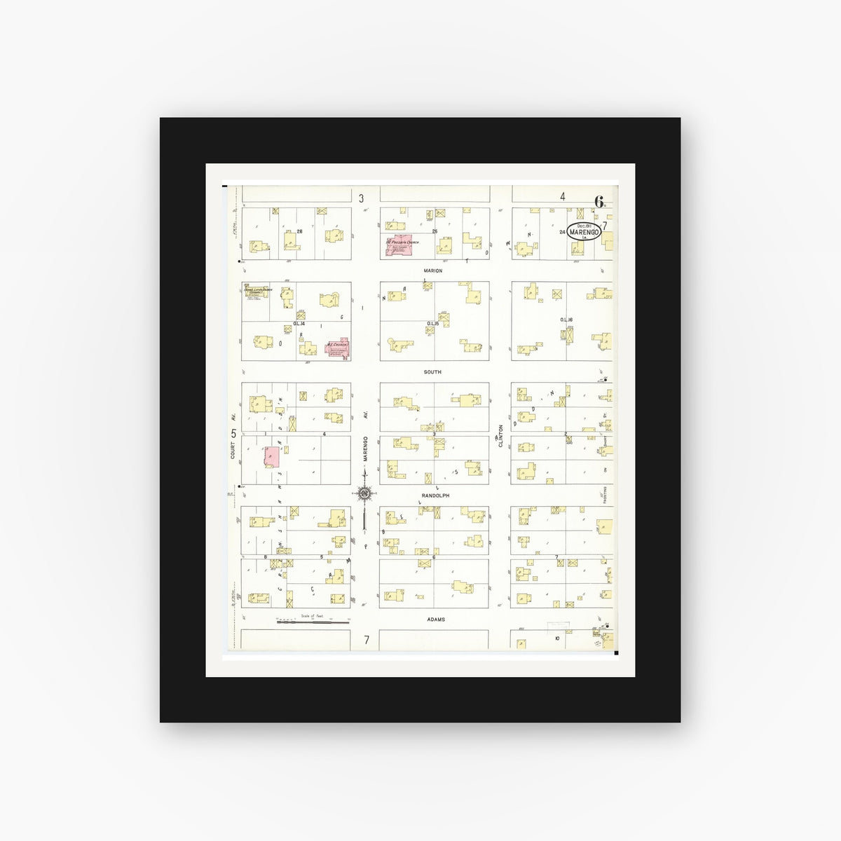 Old map wall art mockup — black gallery frame with white mat — Sanborn Fire Insurance Map from Marengo, Iowa County, Iowa (1911), Sheet #0006