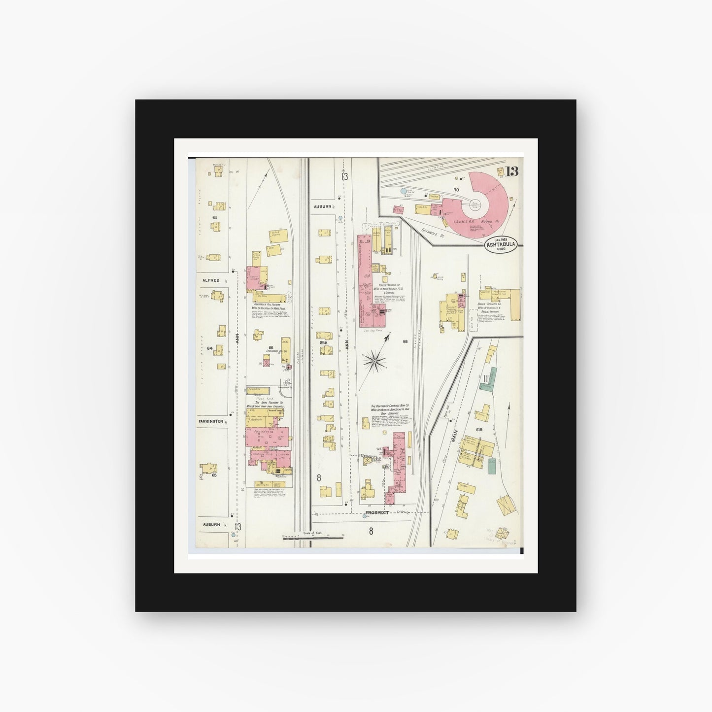 Old map wall art mockup — black gallery frame with white mat — Sanborn Fire Insurance Map from Ashtabula, Ashtabula County, Ohio (1903), Sheet #0013