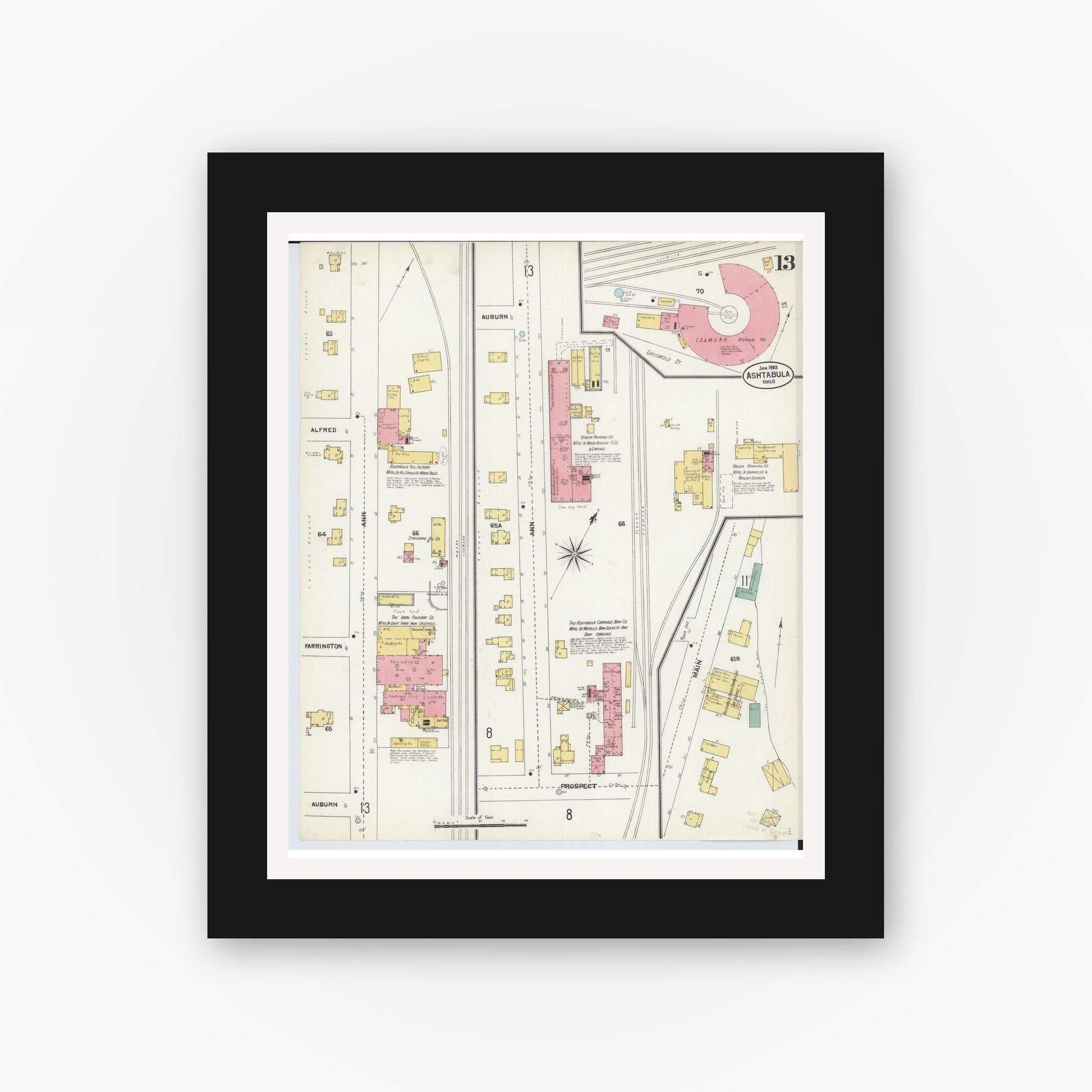 Old map wall art mockup — black gallery frame with white mat — Sanborn Fire Insurance Map from Ashtabula, Ashtabula County, Ohio (1903), Sheet #0013