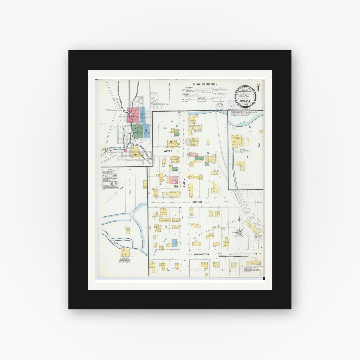 Old map wall art mockup — black gallery frame with white mat — Sanborn Fire Insurance Map from Milford, Oakland County, Michigan (1901) - Complete Map Set