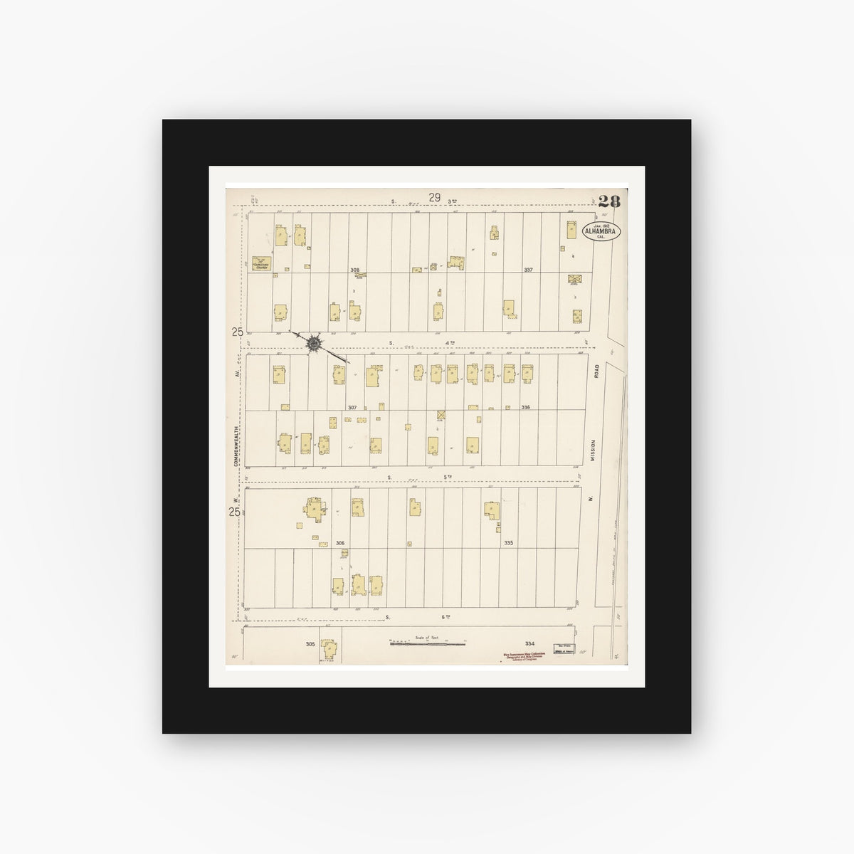 Old map wall art mockup — black gallery frame with white mat — Sanborn Fire Insurance Map from Alhambra, Los Angeles County, California (1912), Sheet #0028
