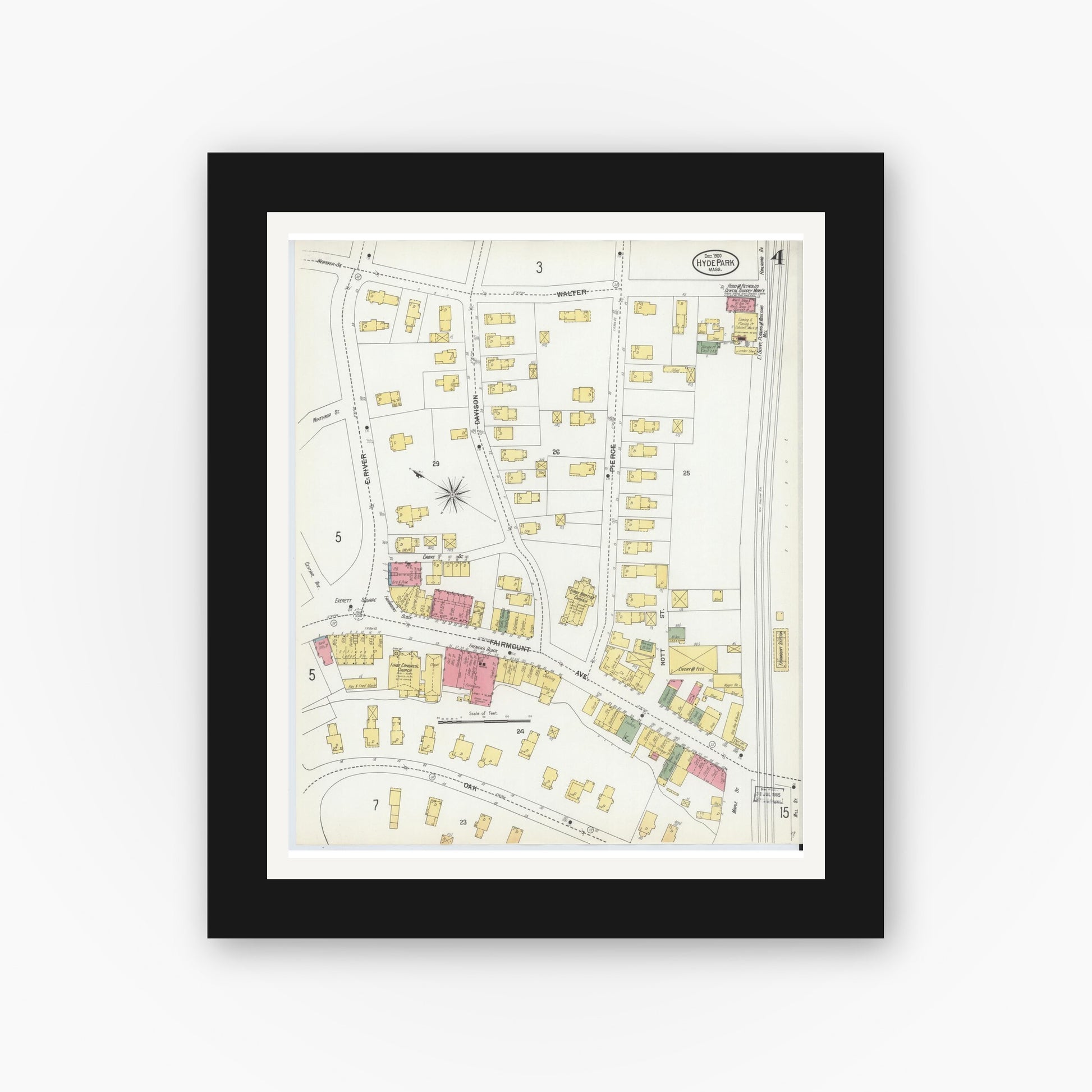 Old map wall art mockup — black gallery frame with white mat — Sanborn Fire Insurance Map from Hyde Park, Norfolk County, Massachusetts (1900), Sheet #0004