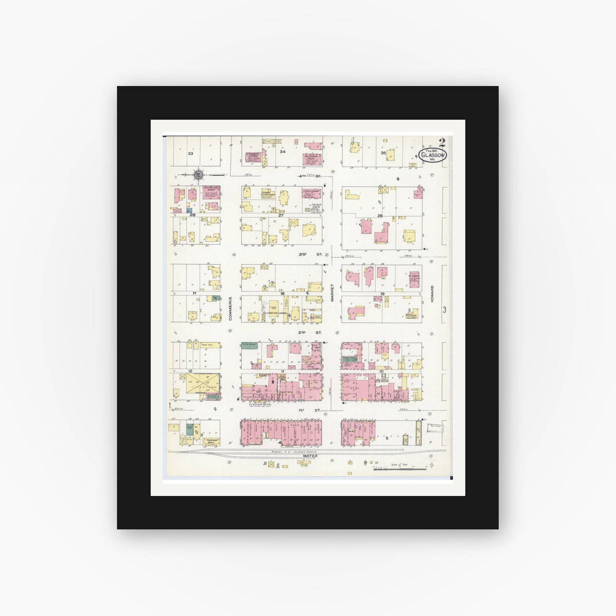 Old map wall art mockup — black gallery frame with white mat — Sanborn Fire Insurance Map from Glasgow, Howard County, Missouri (1910), Sheet #0002