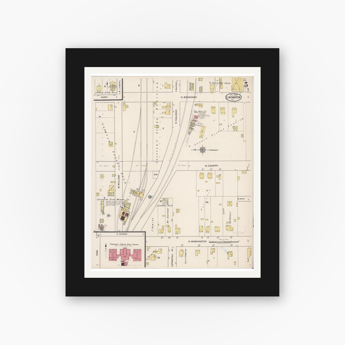 Old map wall art mockup — black gallery frame with white mat — Sanborn Fire Insurance Map from Lovington, Moultrie County, Illinois (1922), Sheet #0005