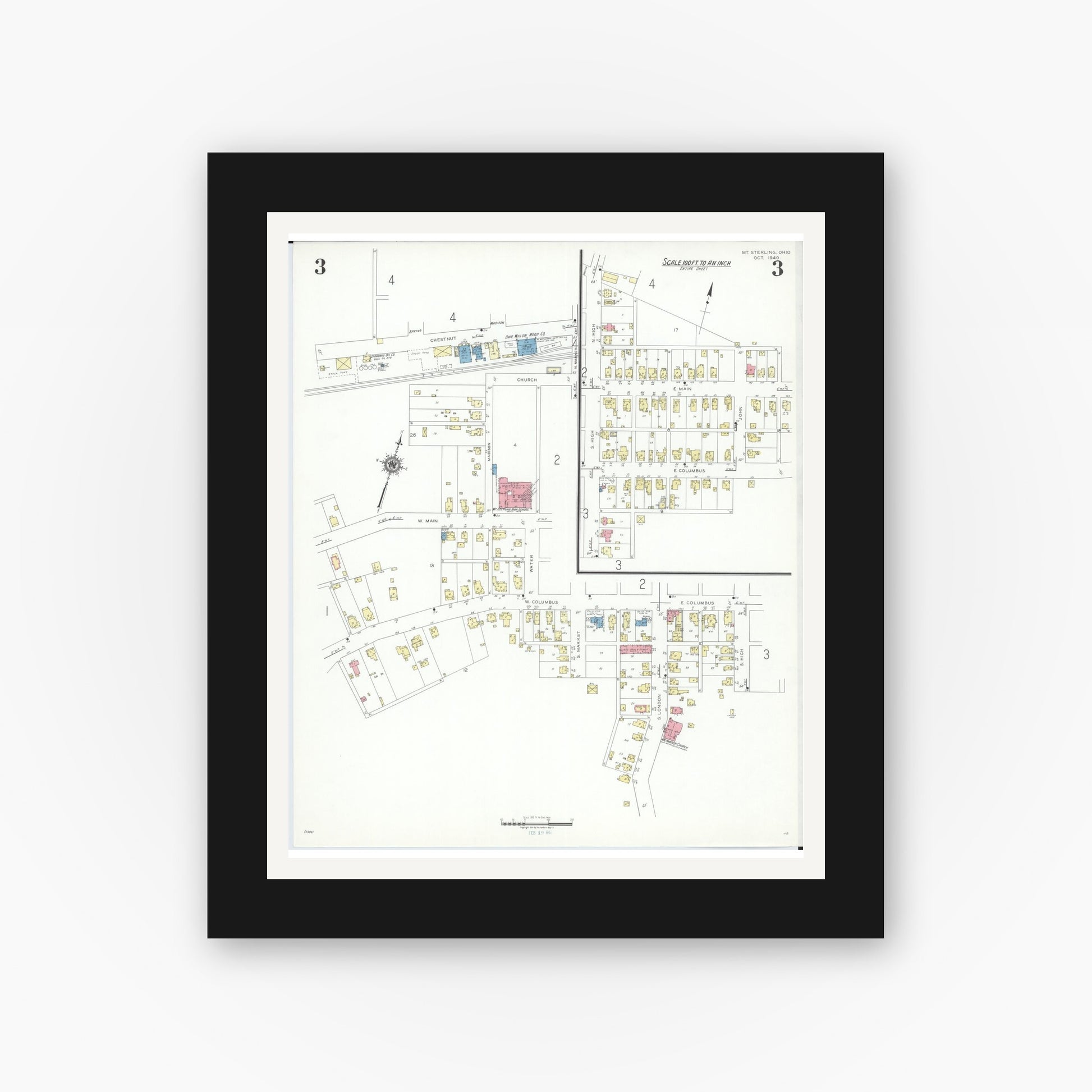 Old map wall art mockup — black gallery frame with white mat — Sanborn Fire Insurance Map from Mount Sterling, Madison County, Ohio (1940), Sheet #0003