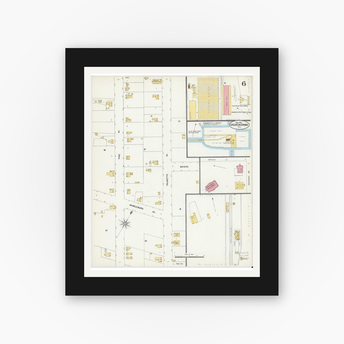 Old map wall art mockup — black gallery frame with white mat — Sanborn Fire Insurance Map from Green Cove Springs, Clay County, Florida (1903), Sheet #0006