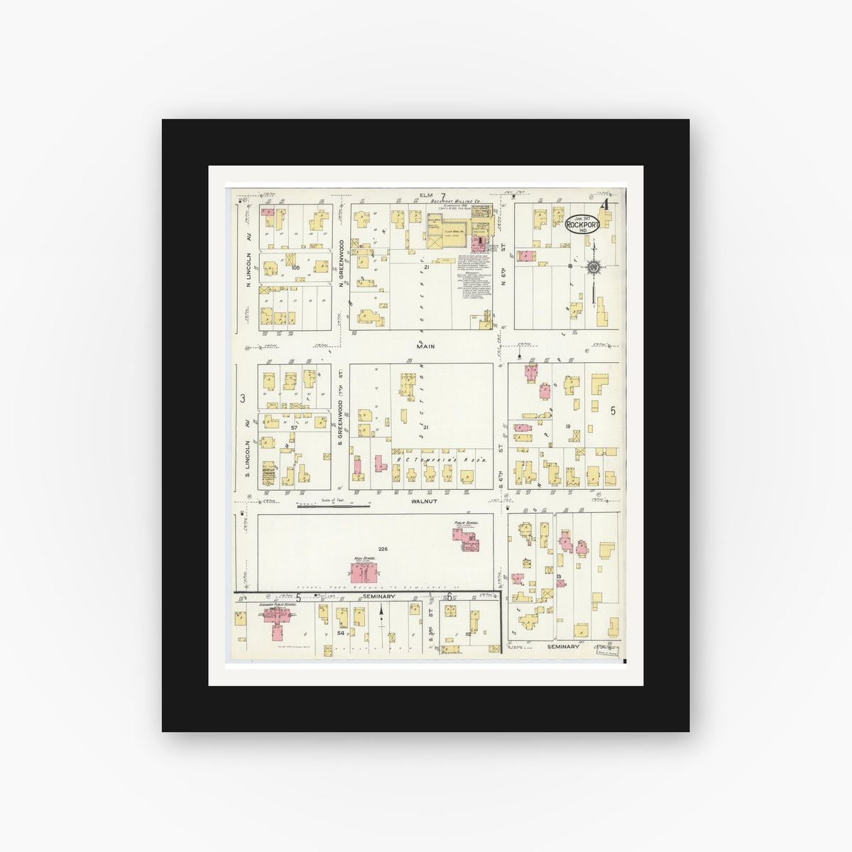 Old map wall art mockup — black gallery frame with white mat — Sanborn Fire Insurance Map from Rockport, Spencer County, Indiana (1917), Sheet #0004