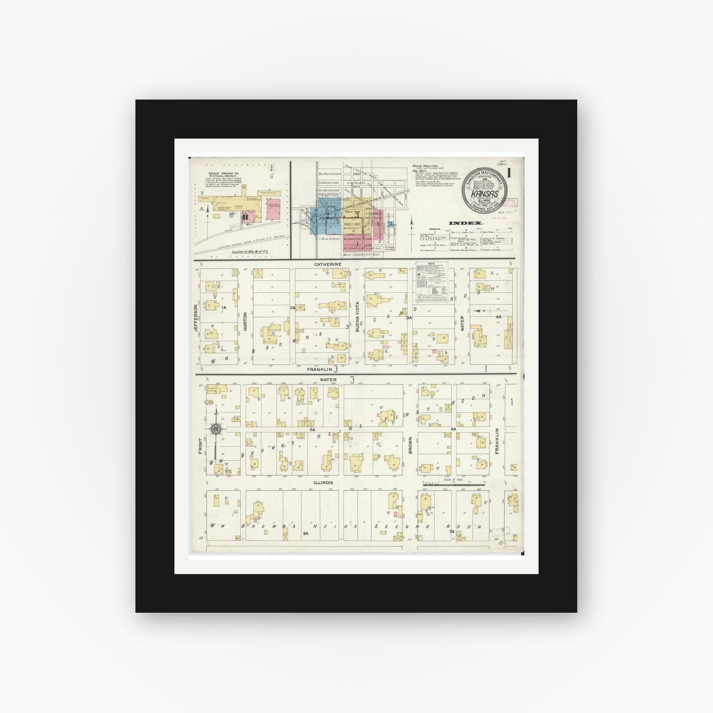 Old map wall art mockup — black gallery frame with white mat — Sanborn Fire Insurance Map from Kansas, Edgar County, Illinois (1910), Sheet #0001