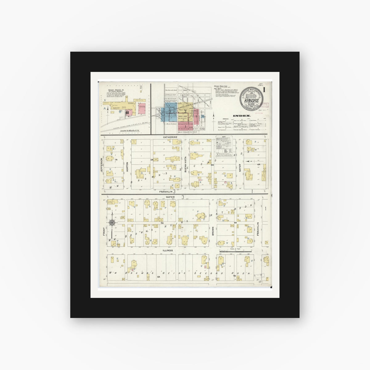 Old map wall art mockup — black gallery frame with white mat — Sanborn Fire Insurance Map from Kansas, Edgar County, Illinois (1910), Sheet #0001