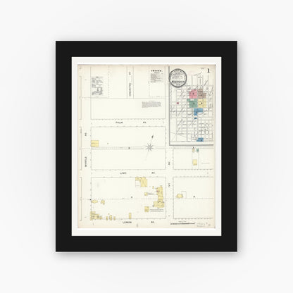 Old map wall art mockup — black gallery frame with white mat — Sanborn Fire Insurance Map from Monrovia, Los Angeles County, California (1892), Sheet #0001