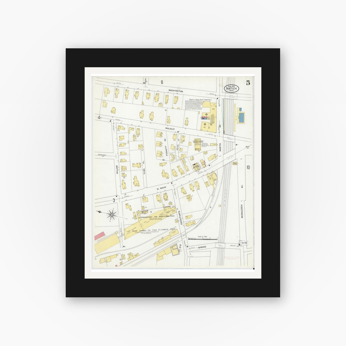 Old map wall art mockup — black gallery frame with white mat — Sanborn Fire Insurance Map from Natick, Middlesex County, Massachusetts (1909), Sheet #0005