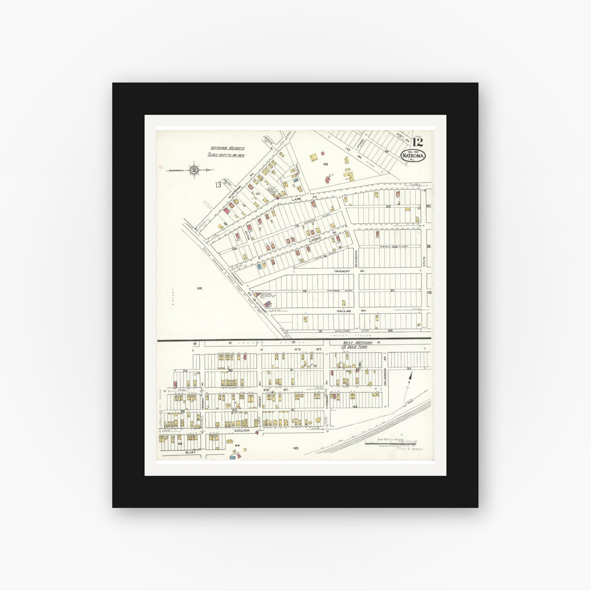 Old map wall art mockup — black gallery frame with white mat — Sanborn Fire Insurance Map from Natrona, Allegheny County, Pennsylvania (1921), Sheet #0012
