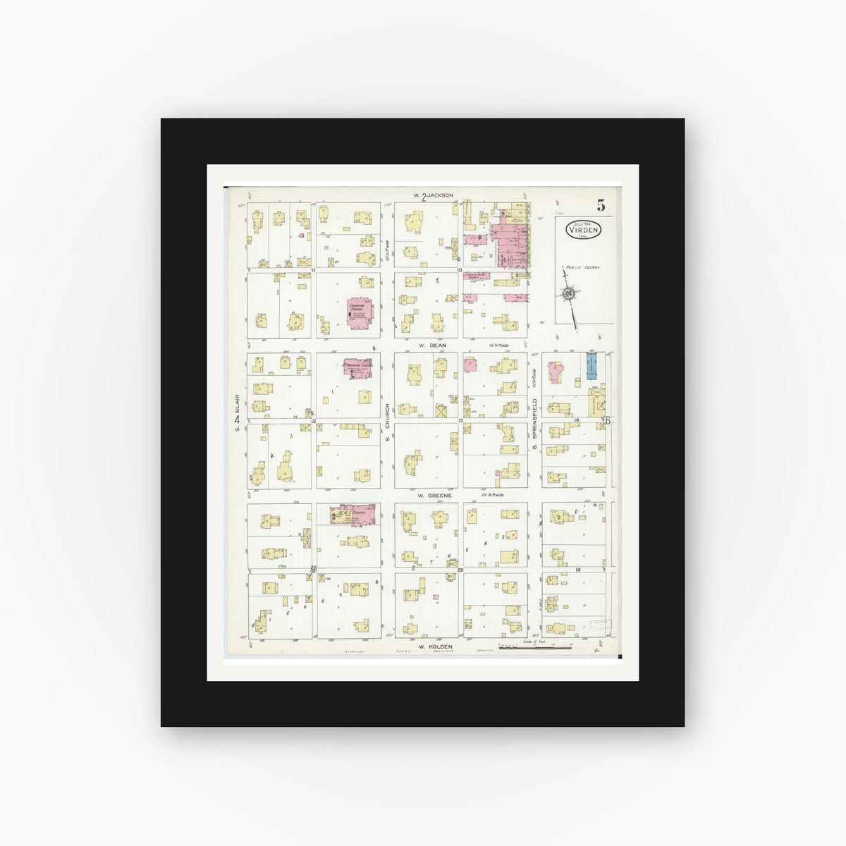 Old map wall art mockup — black gallery frame with white mat — Sanborn Fire Insurance Map from Virden, Macoupin County, Illinois (1914), Sheet #0005