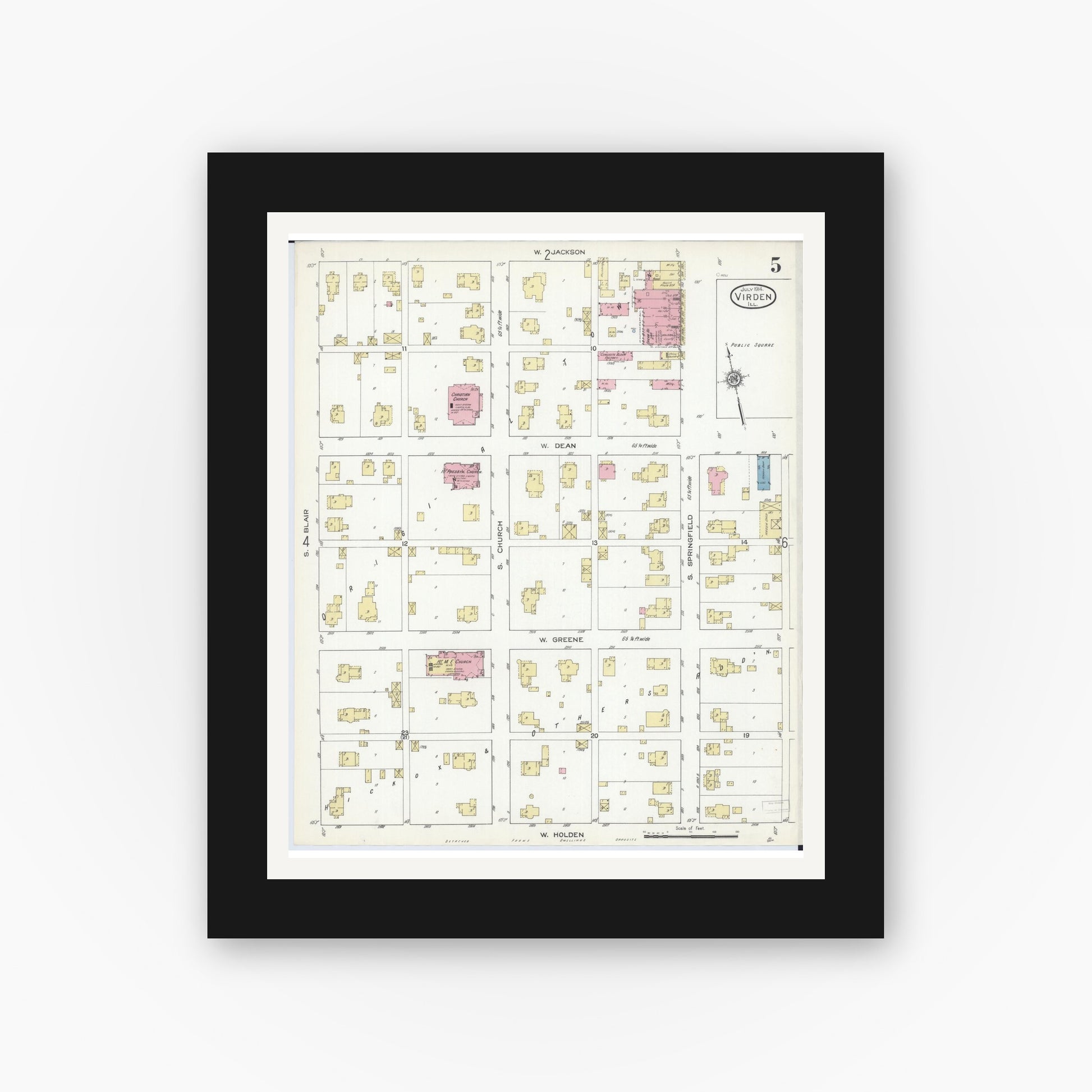 Old map wall art mockup — black gallery frame with white mat — Sanborn Fire Insurance Map from Virden, Macoupin County, Illinois (1914), Sheet #0005
