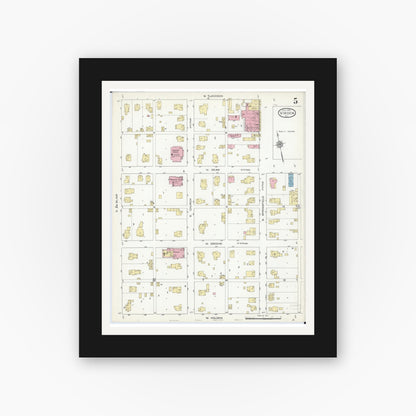 Old map wall art mockup — black gallery frame with white mat — Sanborn Fire Insurance Map from Virden, Macoupin County, Illinois (1914), Sheet #0005