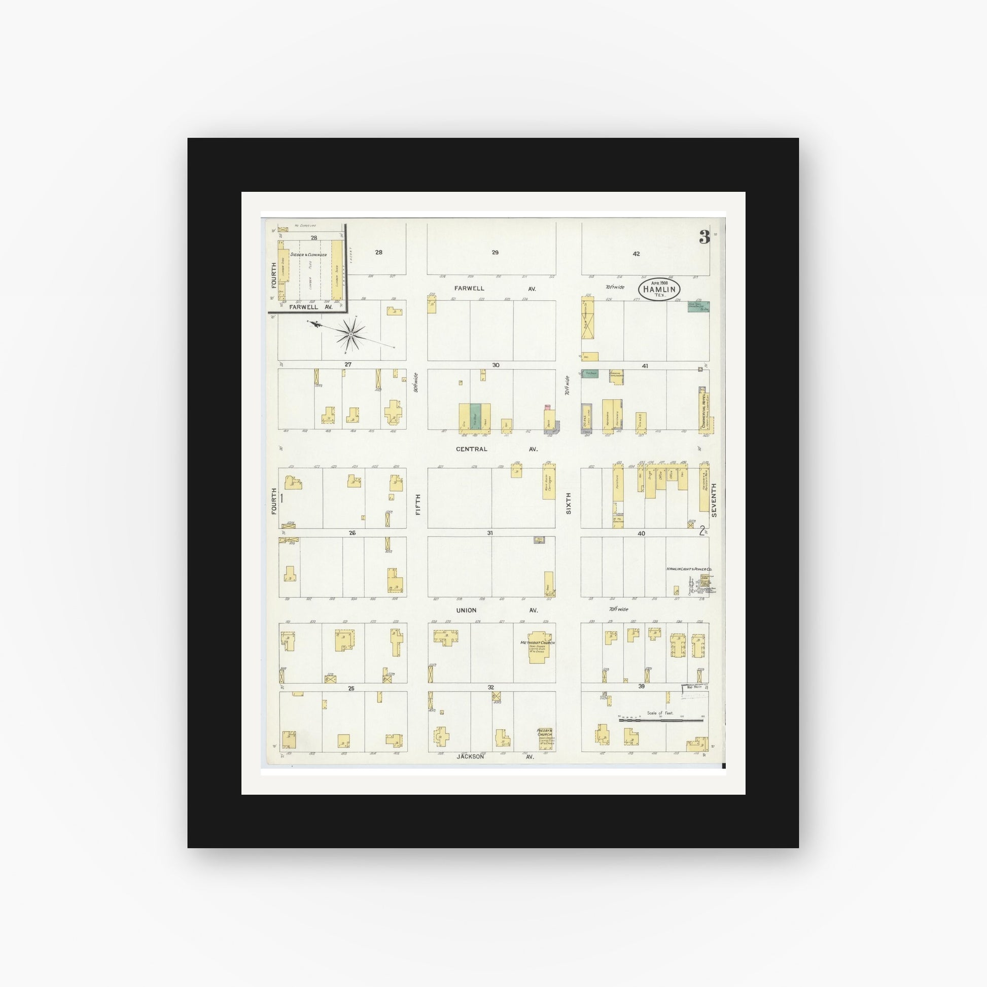 Old map wall art mockup — black gallery frame with white mat — Sanborn Fire Insurance Map from Hamlin, Jones County, Texas (1908), Sheet #0003
