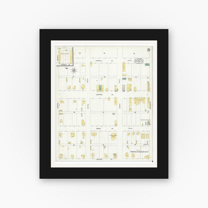 Old map wall art mockup — black gallery frame with white mat — Sanborn Fire Insurance Map from Hamlin, Jones County, Texas (1908), Sheet #0003