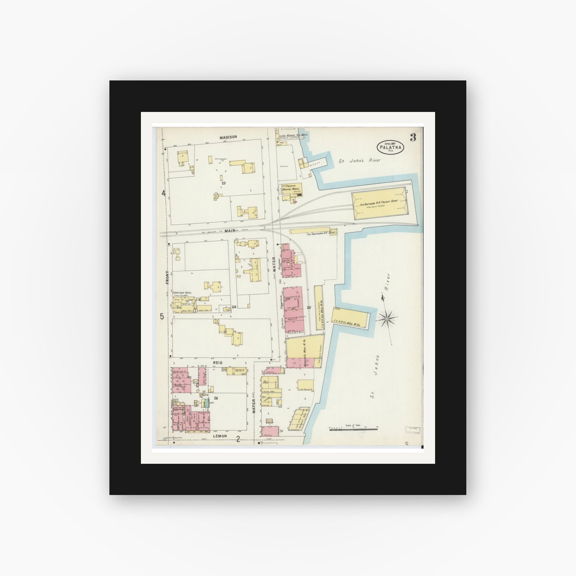 Old map wall art mockup — black gallery frame with white mat — Sanborn Fire Insurance Map from Palatka, Putnam County, Florida (1897), Sheet #0003