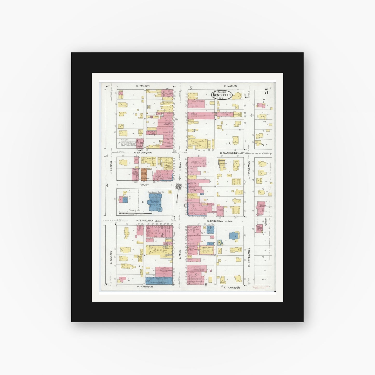 Old map wall art mockup — black gallery frame with white mat — Sanborn Fire Insurance Map from Monticello, White County, Indiana (1919), Sheet #0005