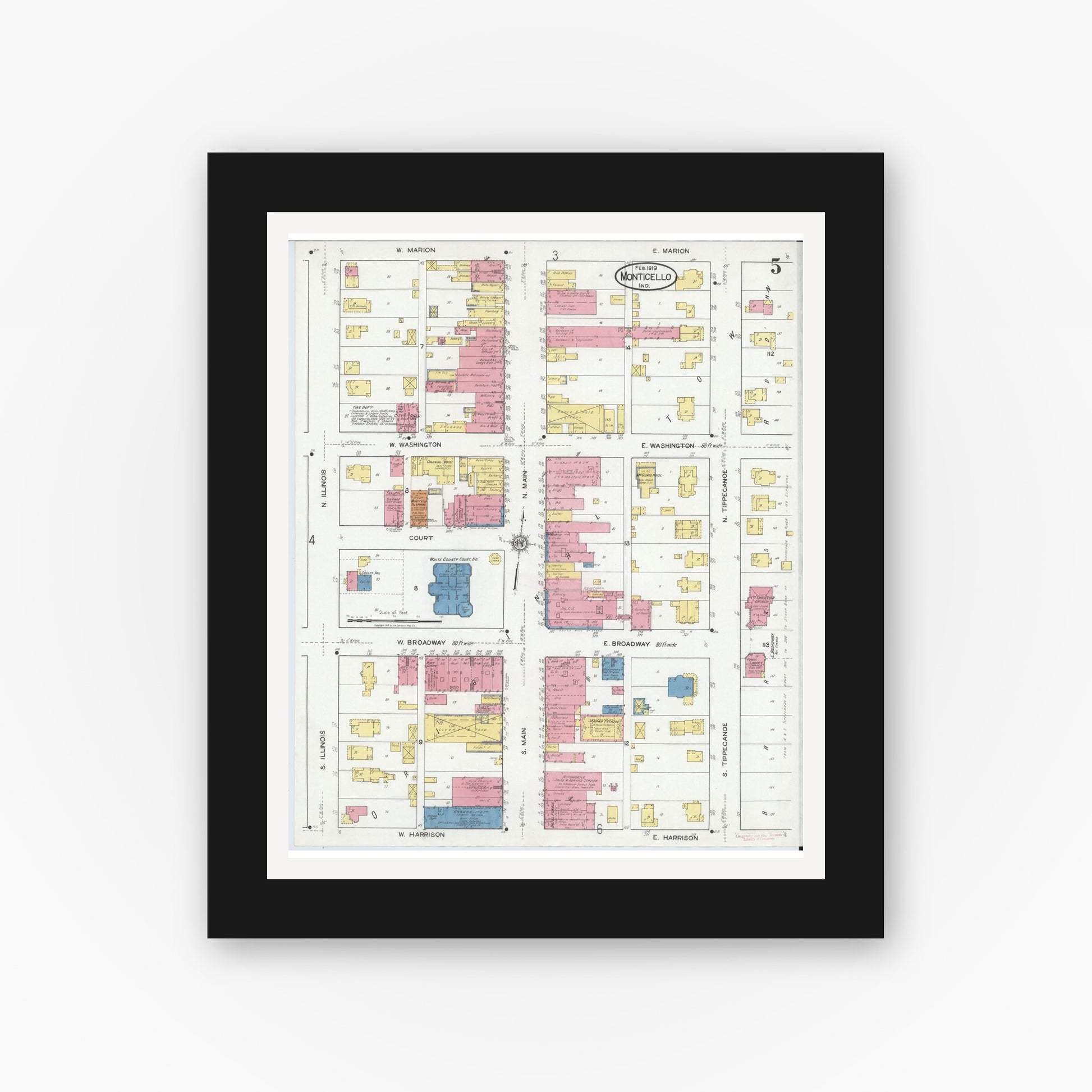 Old map wall art mockup — black gallery frame with white mat — Sanborn Fire Insurance Map from Monticello, White County, Indiana (1919), Sheet #0005