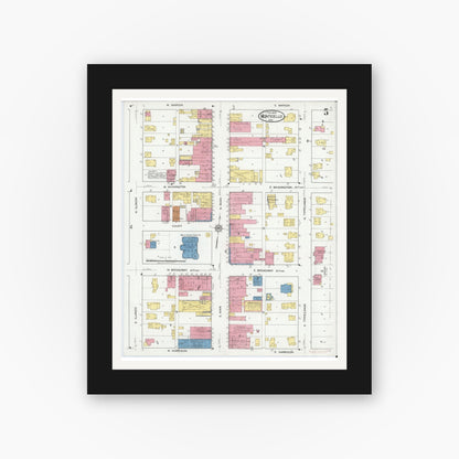 Old map wall art mockup — black gallery frame with white mat — Sanborn Fire Insurance Map from Monticello, White County, Indiana (1919), Sheet #0005