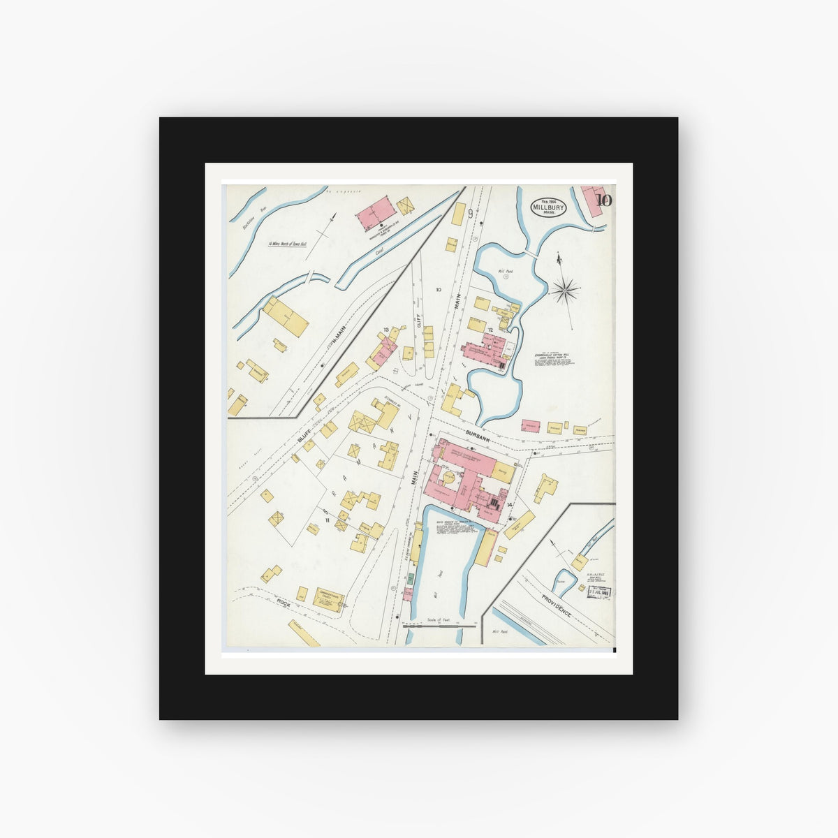 Old map wall art mockup — black gallery frame with white mat — Sanborn Fire Insurance Map from Millbury, Worcester County, Massachusetts (1904), Sheet #0010