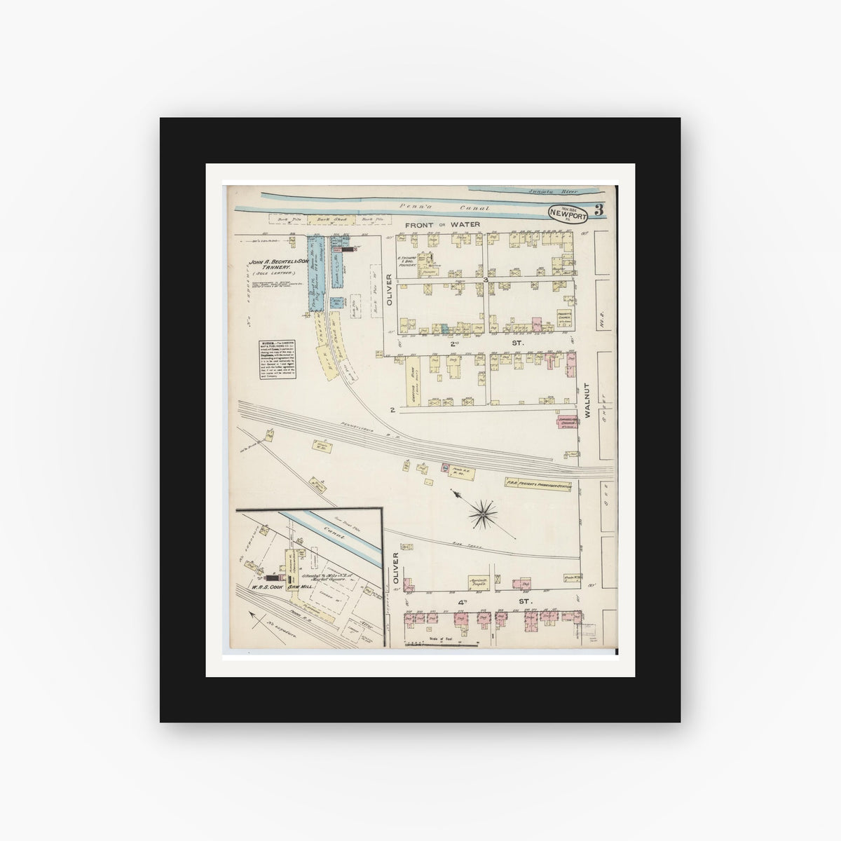 Old map wall art mockup — black gallery frame with white mat — Sanborn Fire Insurance Map from Newport, Perry County, Pennsylvania (1884), Sheet #0003