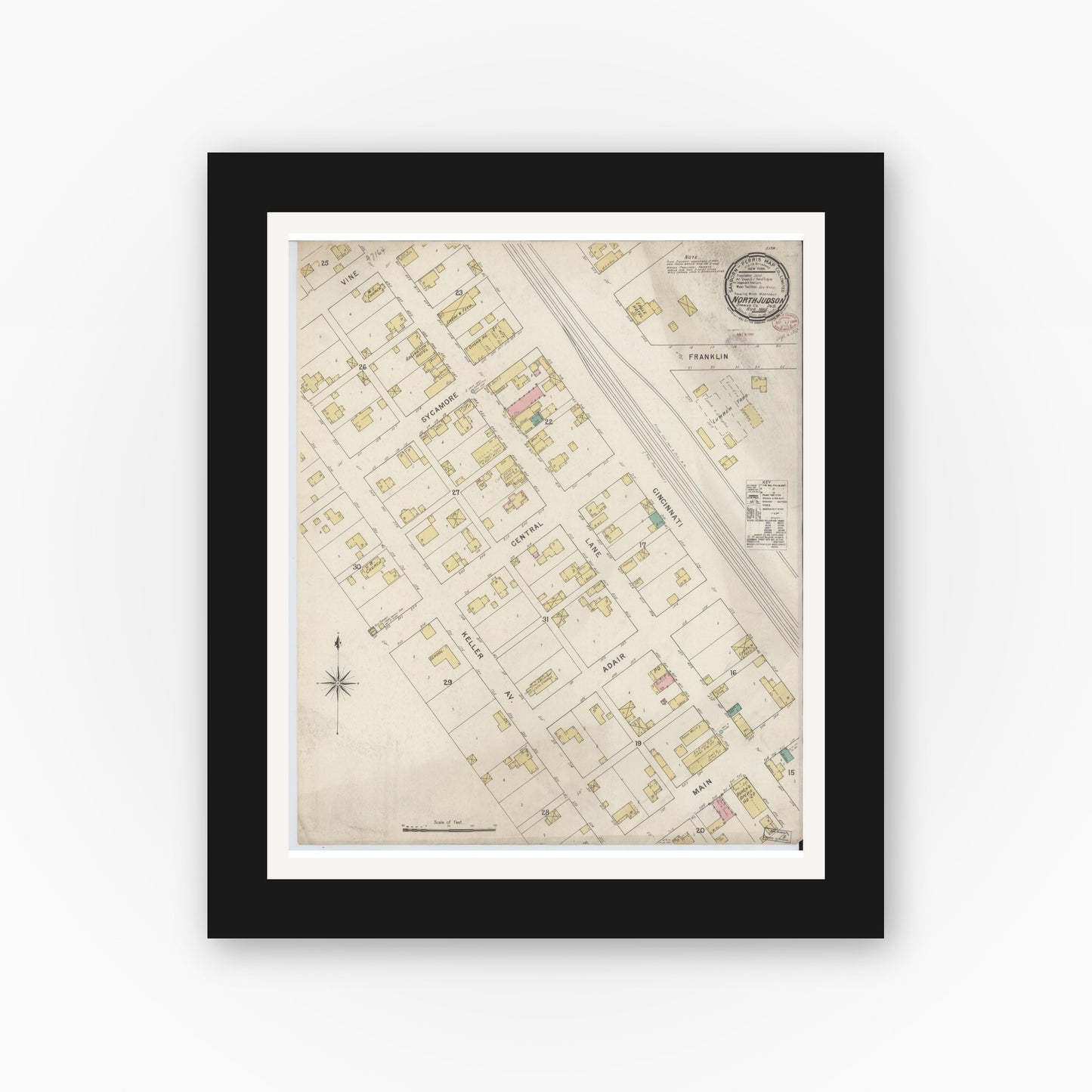 Old map wall art mockup — black gallery frame with white mat — Sanborn Fire Insurance Map from North Judson, Starke County, Indiana (1895), Sheet #0001