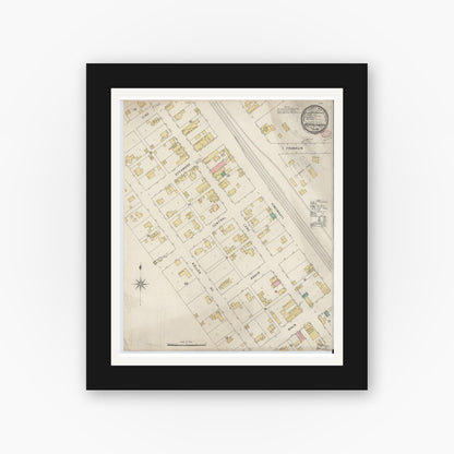 Old map wall art mockup — black gallery frame with white mat — Sanborn Fire Insurance Map from North Judson, Starke County, Indiana (1895), Sheet #0001